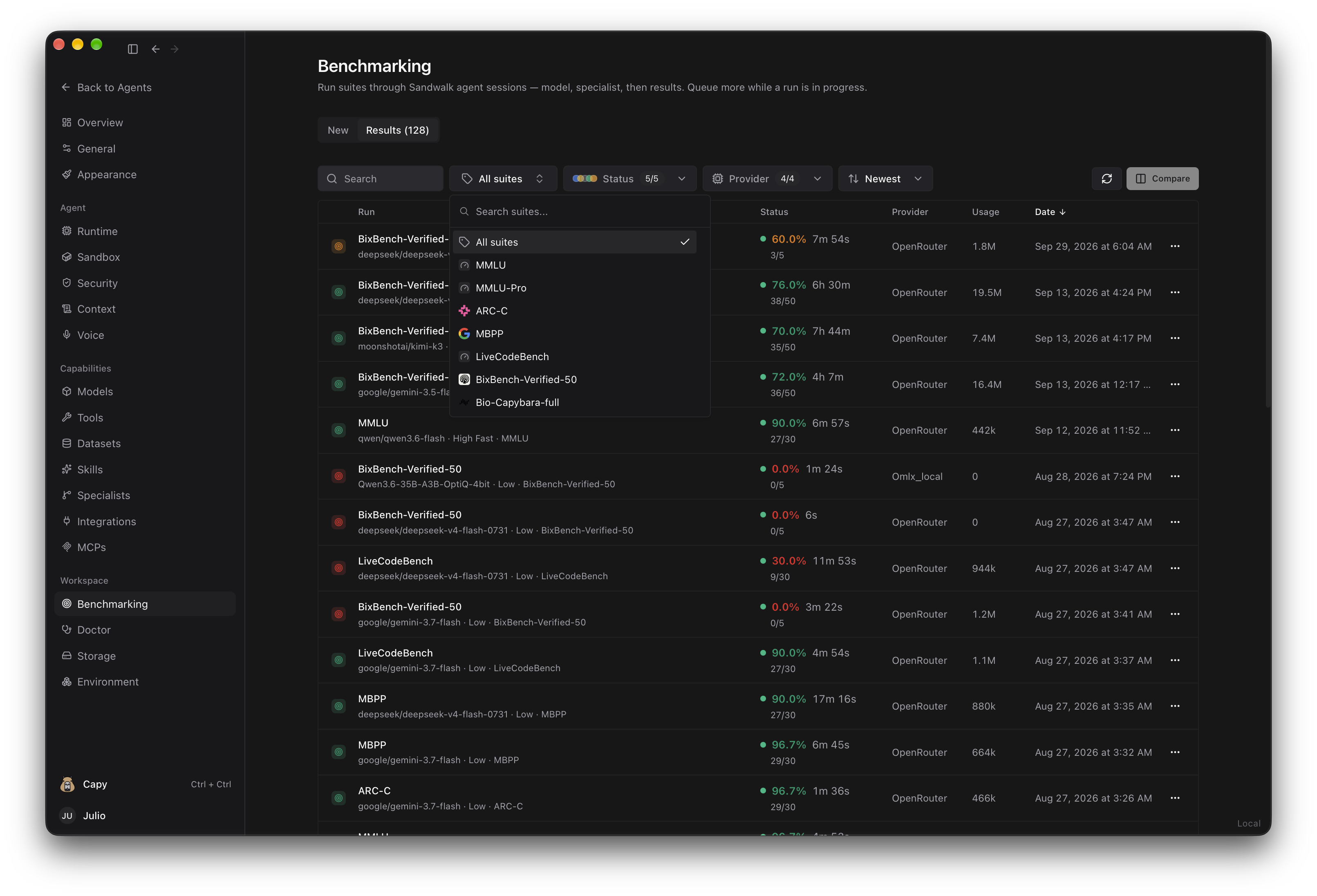 Sandwalk Benchmarking: Eval results with suite filter and side-by-side comparison