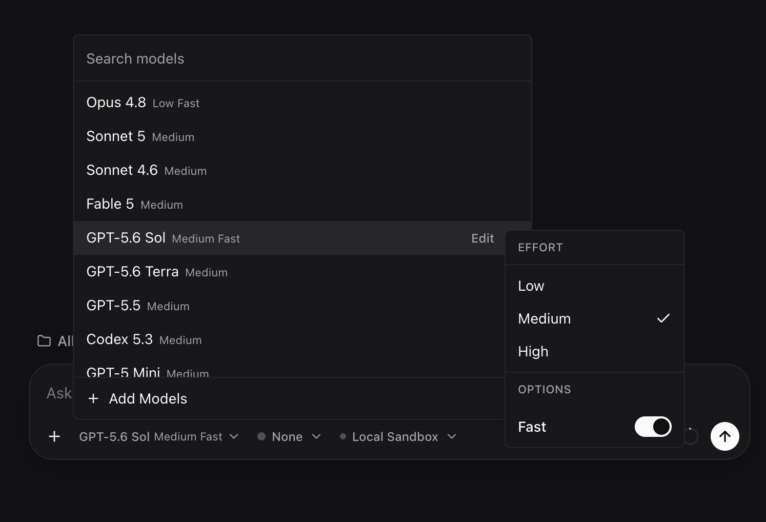 Model picker and Effort (Low, Medium, High) / Fast flyout in the Composer