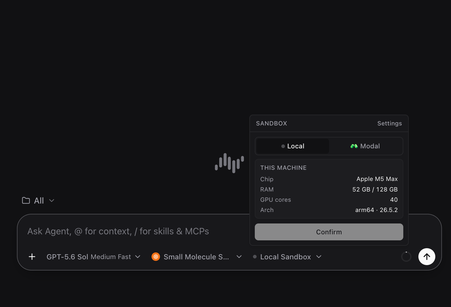 Inline Sandbox selector switching between Local Sandbox and Modal Cloud GPU