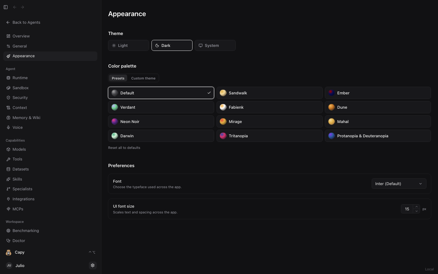 Dashboard Appearance settings: dark/light mode, palettes, Liquid Glass material, and typography