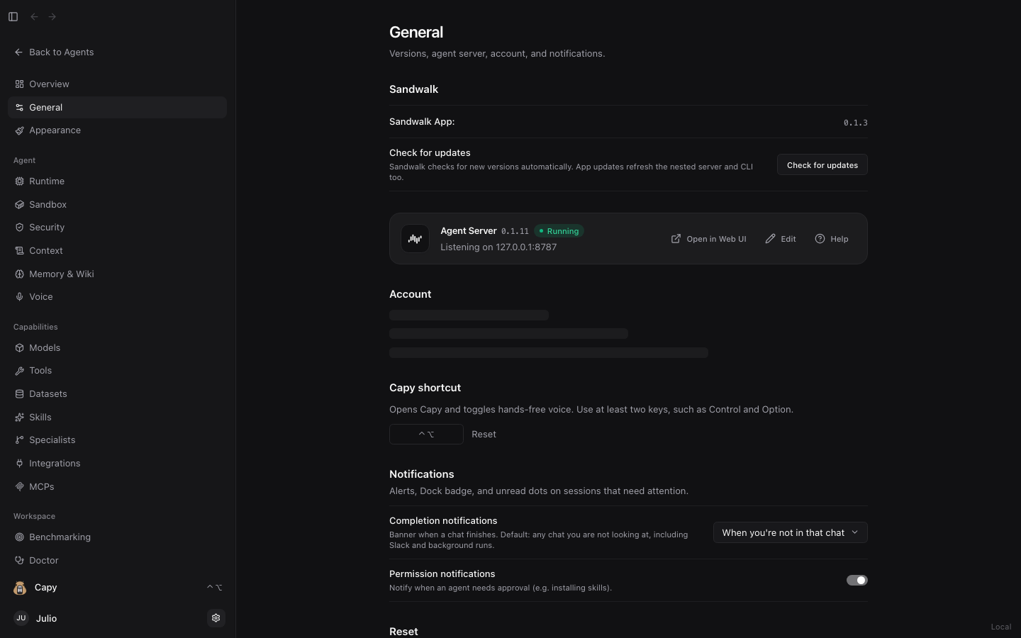 Dashboard General settings: user profile, server connection, and workspace reset