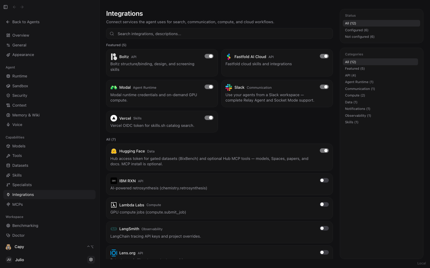 Dashboard Integrations: Boltz, Fastfold AI Cloud, Modal, Slack, Vercel, Hugging Face, IBM RXN, Lambda Labs, and LangSmith