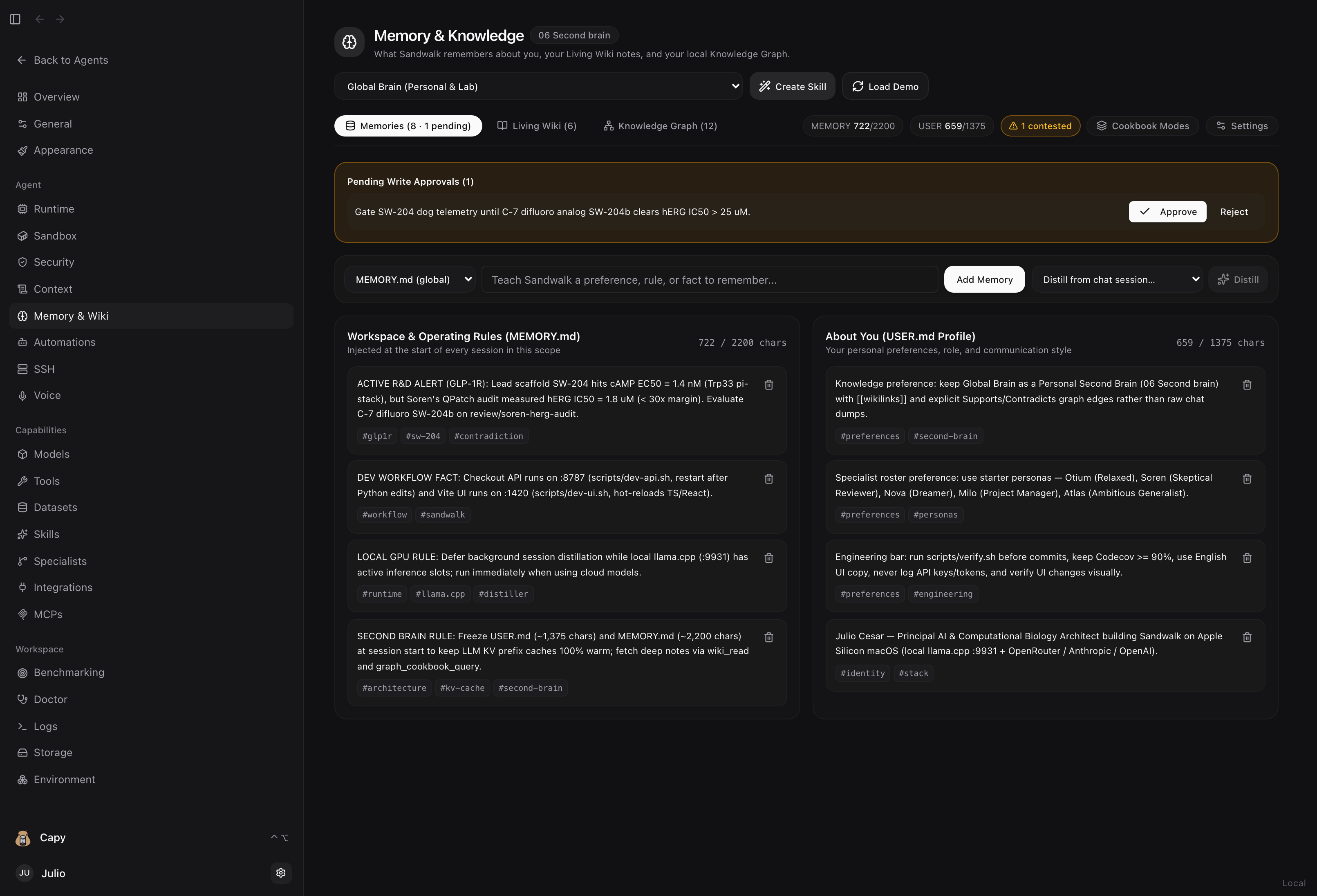 Memory & Knowledge showing MEMORY.md operating rules, USER.md profile, and Pending Approvals