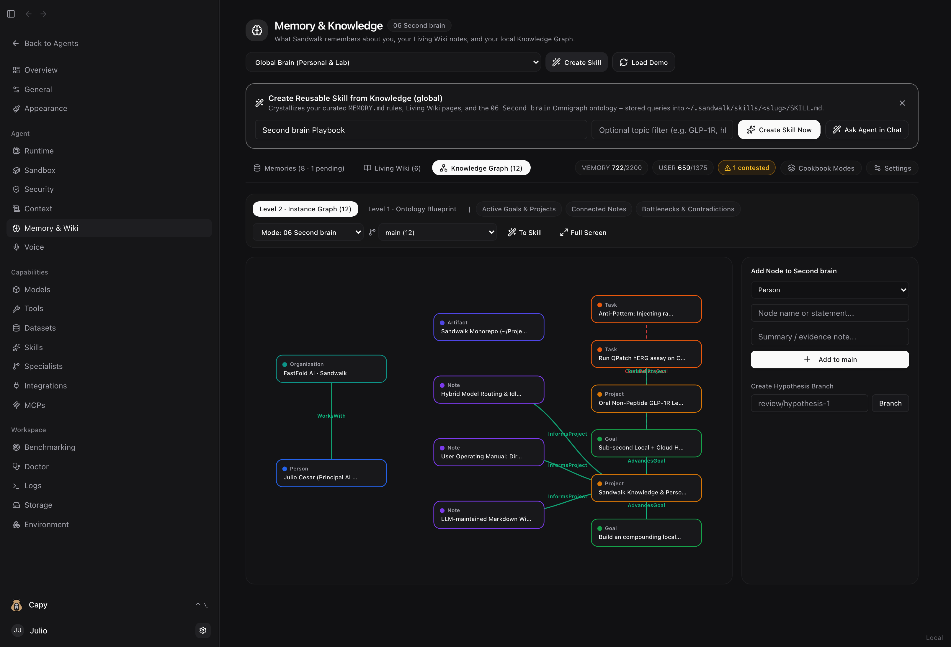 Omnigraph Knowledge Graph explorer with Cookbook modes, Supports/Contradicts edges, and branches