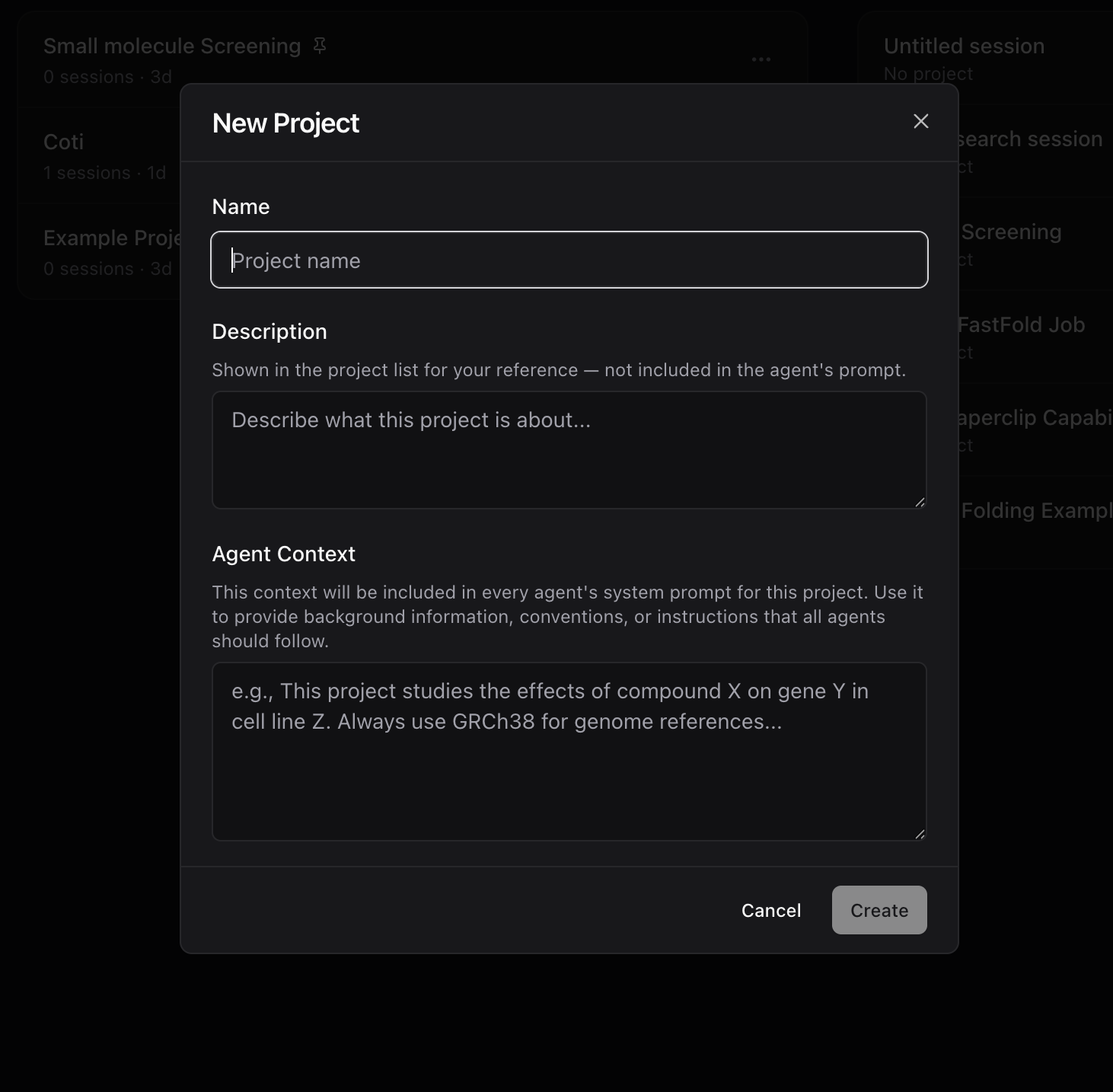 New Project dialog highlighting Description vs Agent Context