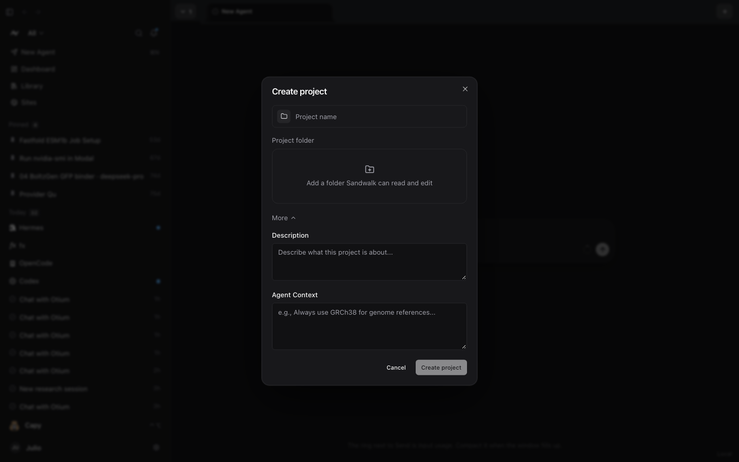 Create project modal in Sandwalk showing Project name, Project folder, Description, and Agent Context