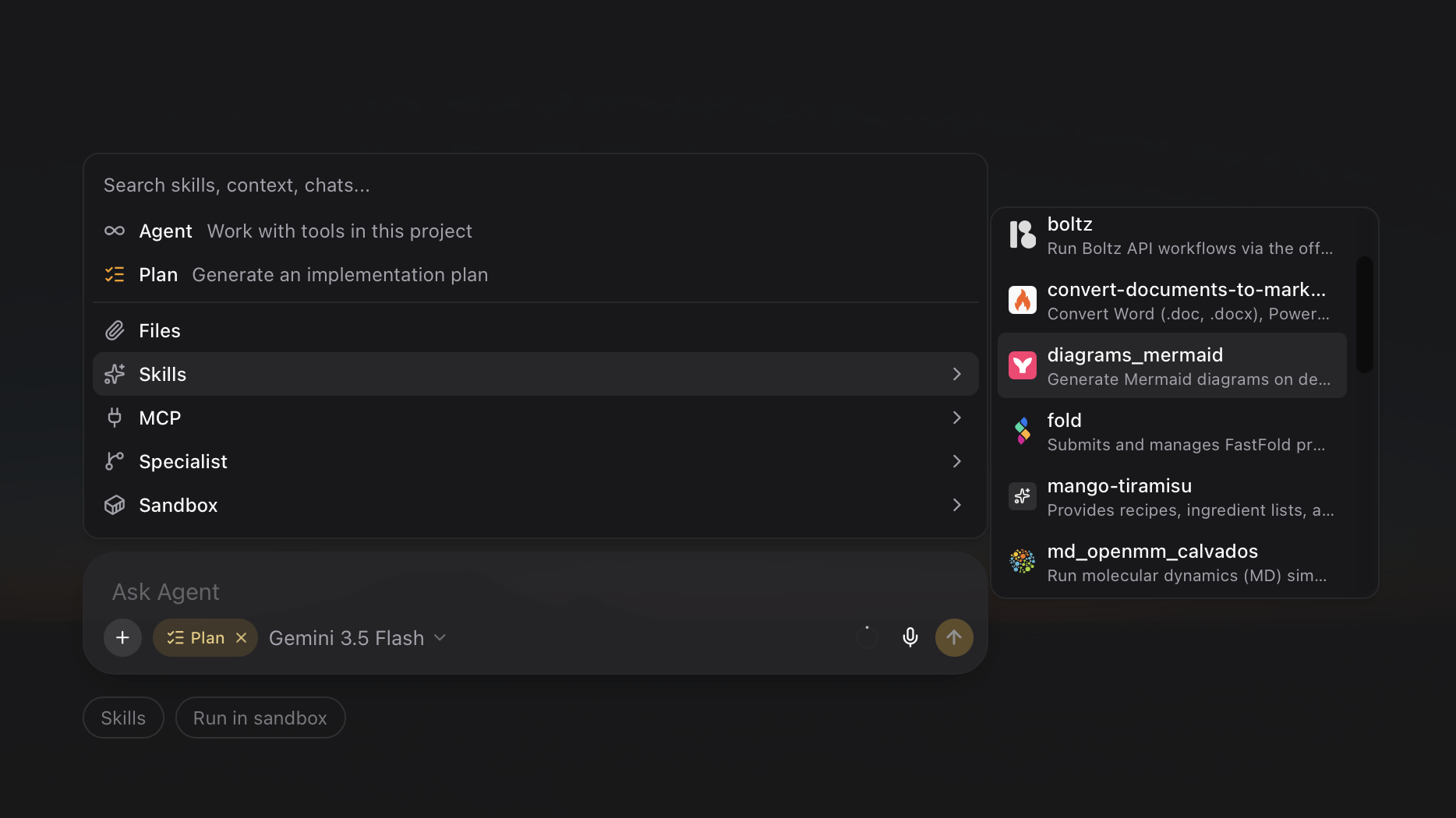The composer menu with skills open