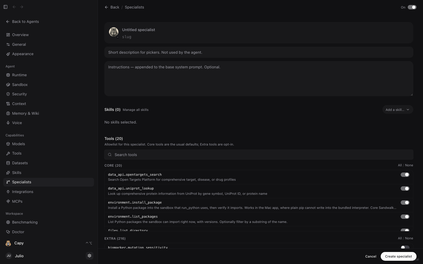 Create Specialist editor: avatar picker, name, slug, instructions, skills, and Core/Extra tools allowlist