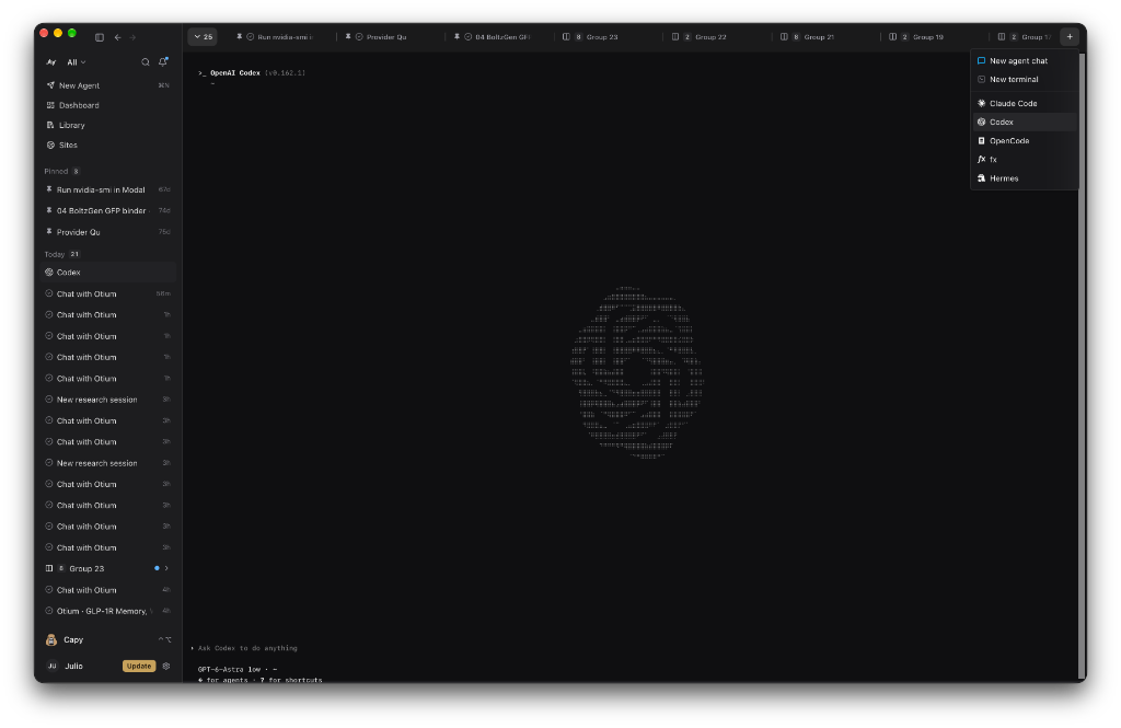 Launching Claude Code, Codex, OpenCode, fx, or Hermes from the top-right + menu inside Sandwalk