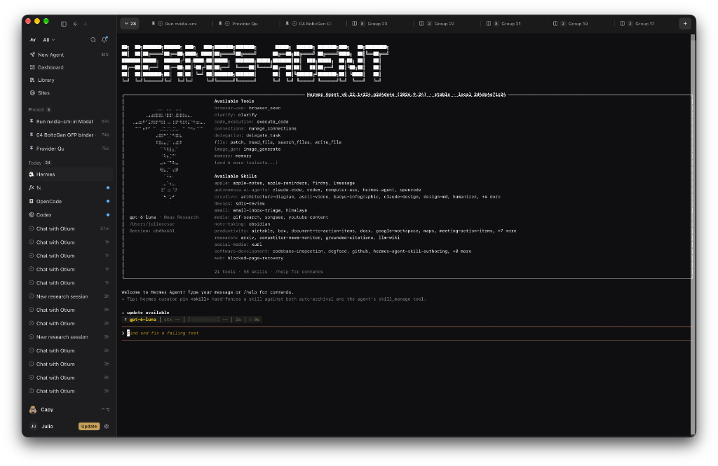 Hermes Agent, fx, OpenCode, and Codex running live as first-class items in the Sandwalk sidebar