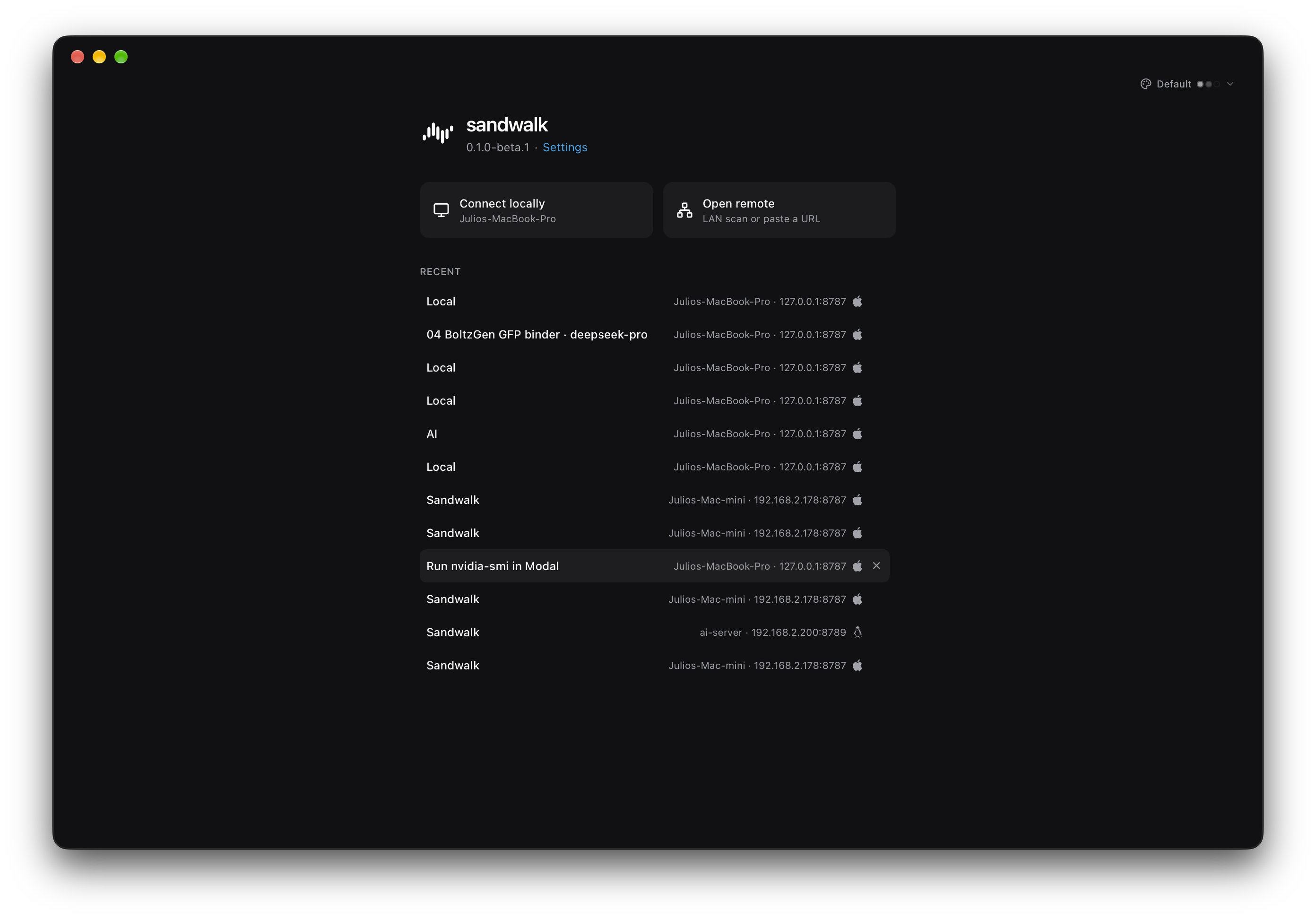 Sandwalk Welcome: connect locally or open a remote server